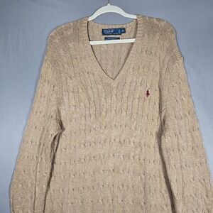 Polo Ralph Lauren Sweater Mens XL Tan Tussah Silk Cable Knit V-Neck Pony Logo